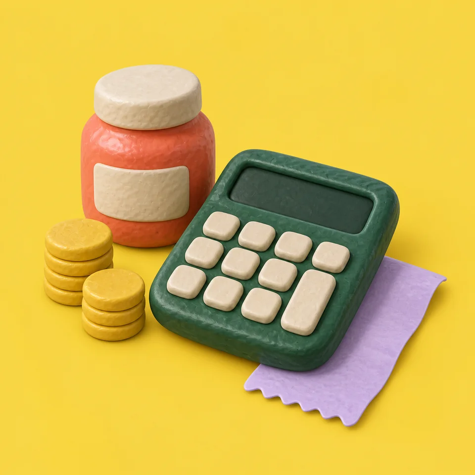Clay calculator, blank receipt, food jar and plain coin stacks.