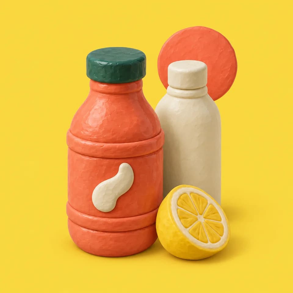 Clay sauce bottles with a lemon and a warm-colored sun motif.
