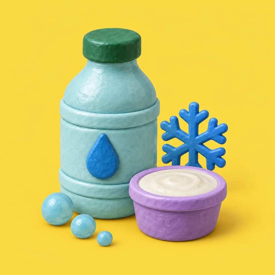 Clay flexible juice bottle and dip tub with water droplets and a cold-storage cue.