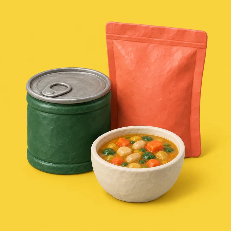 Clay sealed can, food pouch and bowl of soup.