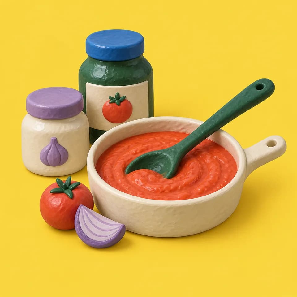 Clay saucepan of sauce with a spoon, two jars and vegetables.