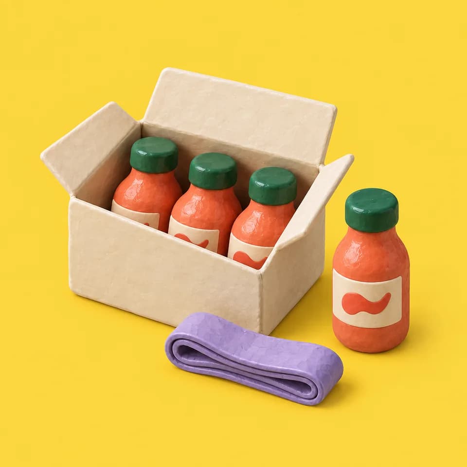 Clay carton with a few sauce bottles and an unmarked measuring tape.