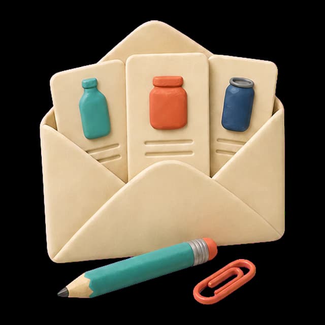 Clay envelope with product specification cards, a pencil, and a paper clip